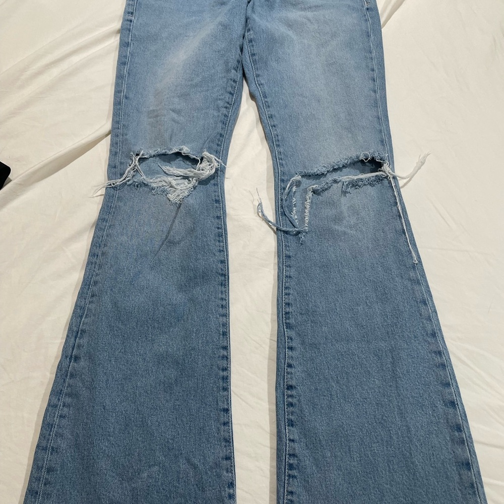 Good American Light Blue Distressed Flare Jeans